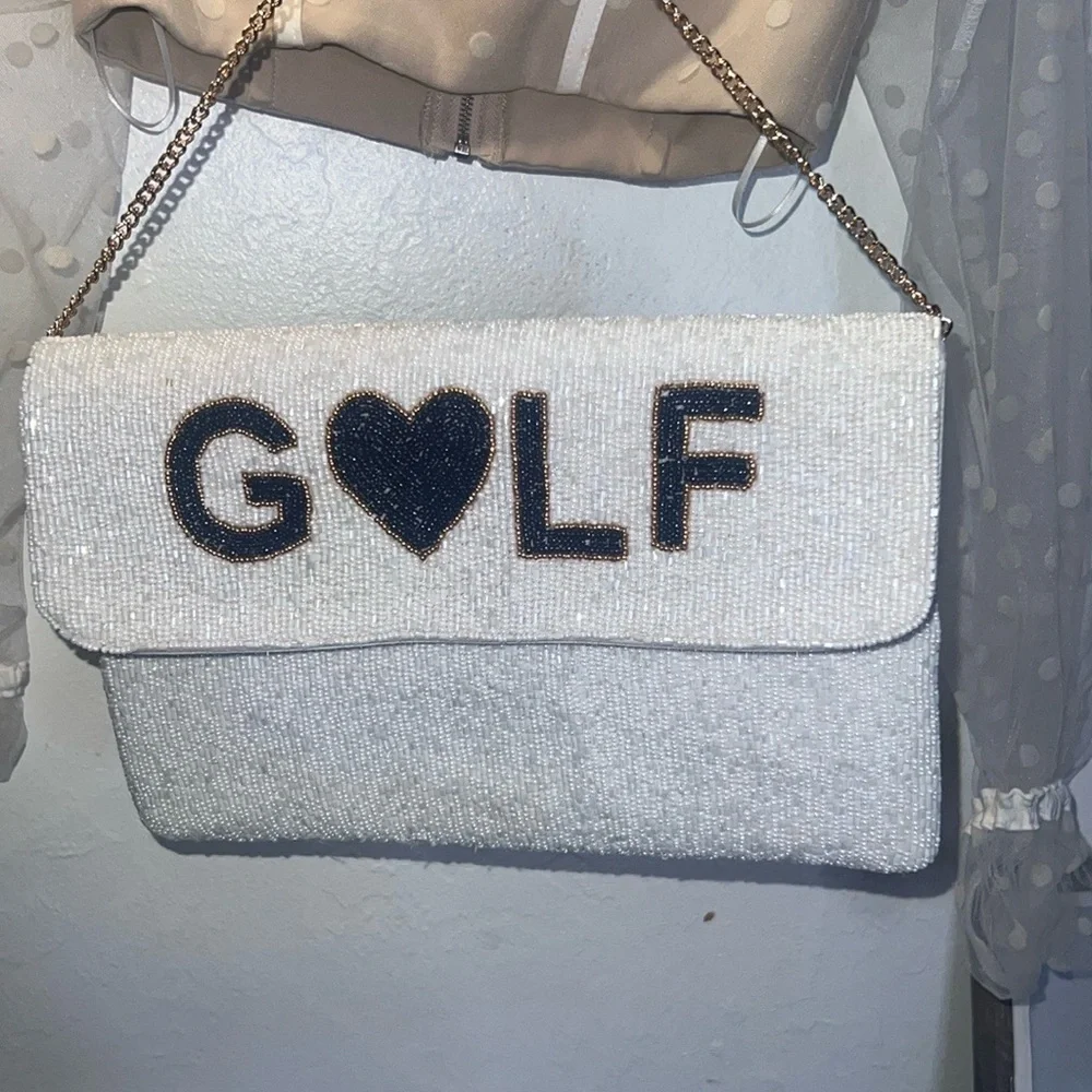 GOLF WIFEY New White & Blue Beaded Clutch Golfers Resort Country Club Vacation - Picture 6 of 16